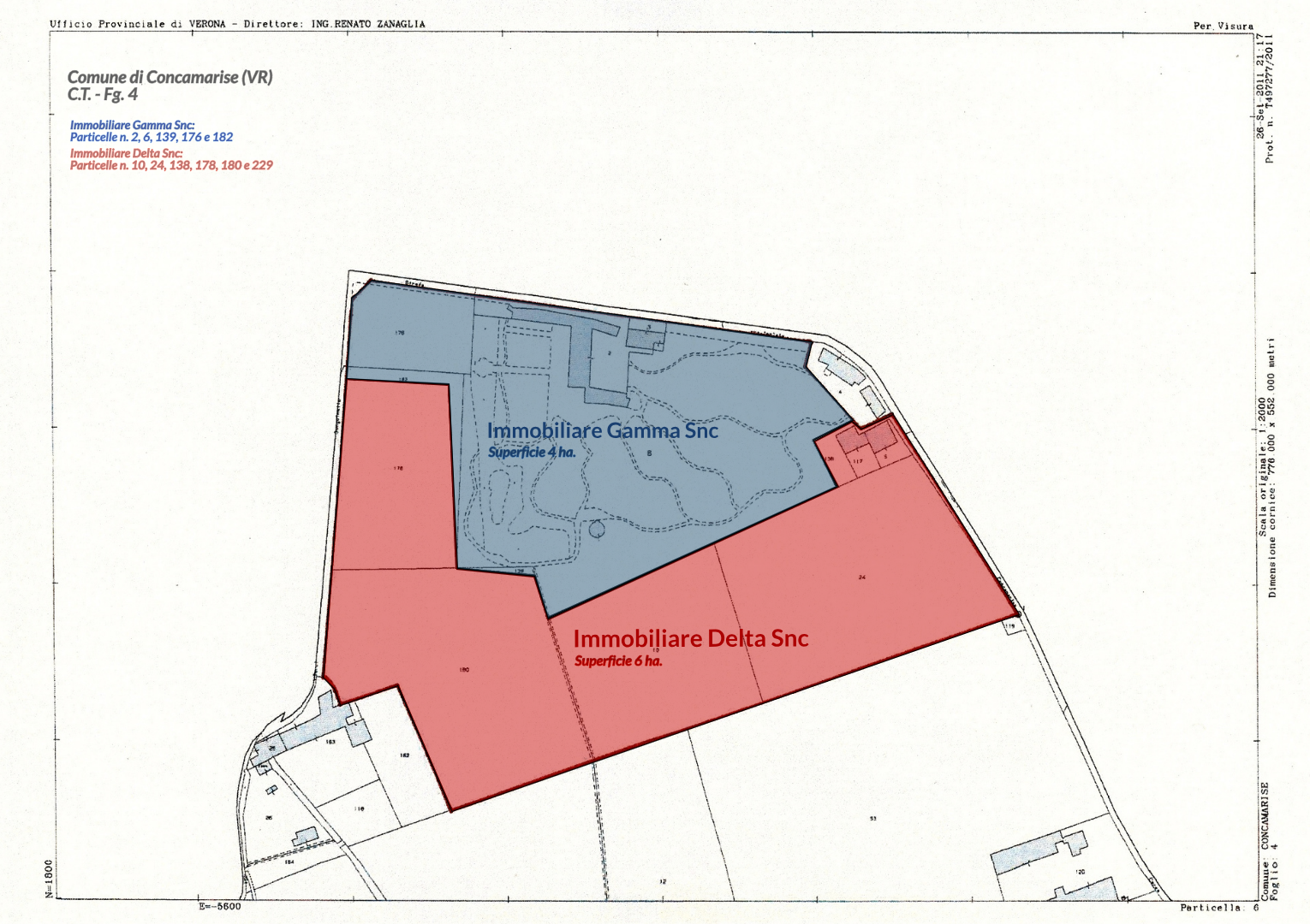 Mappa catastale della proprietà — Comune di Concamarise (VR), Fg. 4: particelle di Immobiliare Gamma Snc e Immobiliare Delta Snc